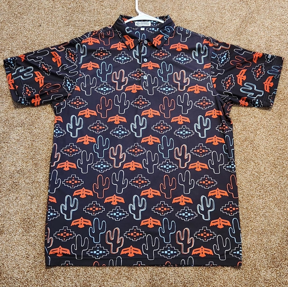 Raised By Coyotes Mens Large Desert Cactus Nights Golf Polo Southwestern Aztec